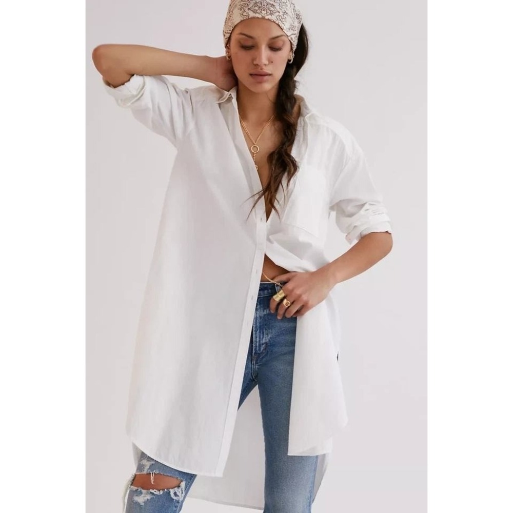 Anthropologie NEW White Oversized Raw Hem Long Sleeve Button Down Shirt XS Tunic